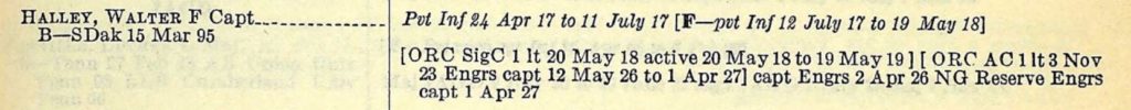 A clipping from a book with two columns. In the first column is the name "Halley, Walter F Capt" and in the second there are details of his military service from 1917 to 1927.