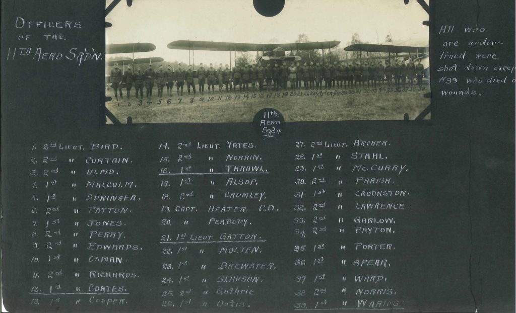 A page from a photo album showing a single photo, a line up of officers in front of DH-4s, with a number written under each man from 1 to 39. Underneath, in white ink on the black paper of the album, are the identifications of each man.