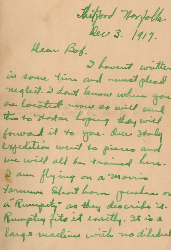 The first page of a letter dated December 3, 1917 from Thetford with the salutation "Dear Bob." It is on green ink on sepia colored paper.