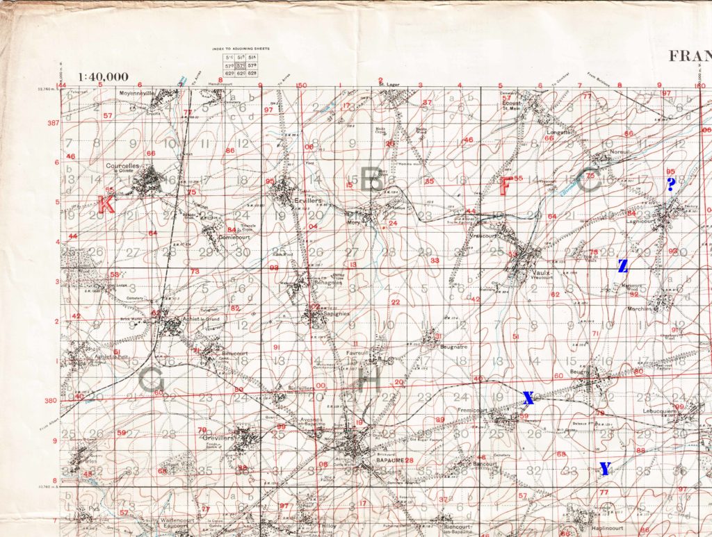 A portion a map with an X marking where Hamilton and Campbell dropped bombs, a Y about a mile and a half to the southeast marking where they destroyed the balloon. Z, a little over 3 miles due north of Y marks where Hamilton's grave was found. A question mark a little over a mile farther northeast marks where Knotts may have been told Hamilton's grave was located.