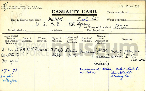 A printed card with handwritten information about Adams's disappearance from the patrol on September 29, 1918. He is listed in black ink as "missing"; a later notation in blue ink indicates he was "now documented killed in action."