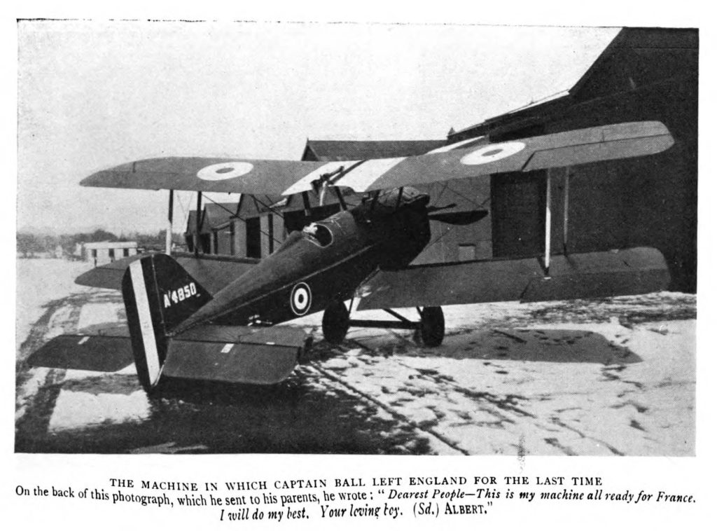 Photo of a plane, with the serial number A4850 on its tail, with a man visible in the cockpit. The caption reads in part "The machine in which Captain Ball left England for the last time."