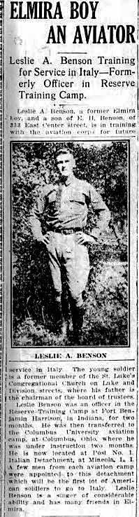 Newspaper clipping titled "Elmira Boy an Aviator" with a full-length photo of Benson.