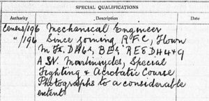 Portion of printed form with handwritten entries about Berry's special qualifications.