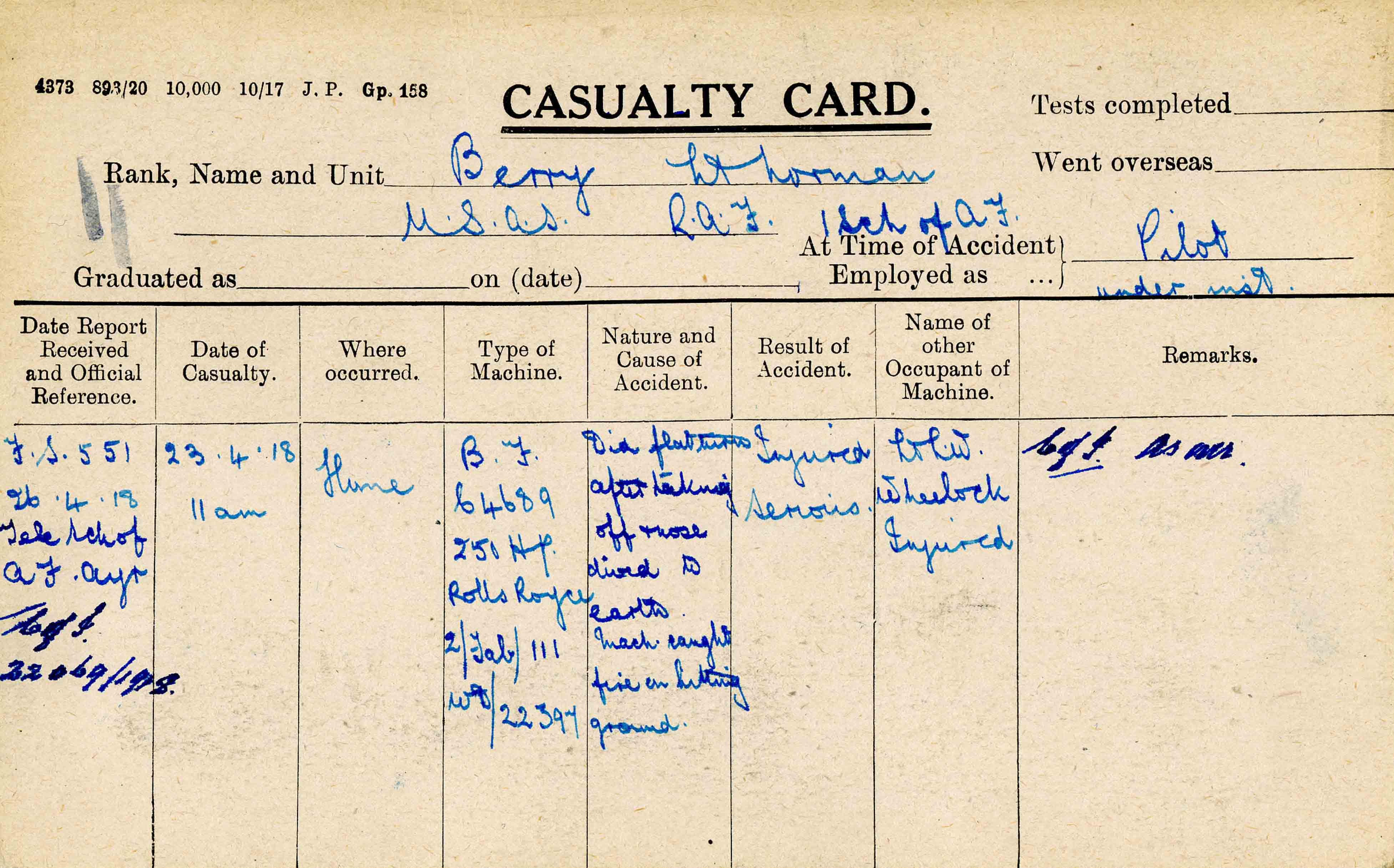 A printed form with a number of notations regarding Berry's accident filled in with blue ink.