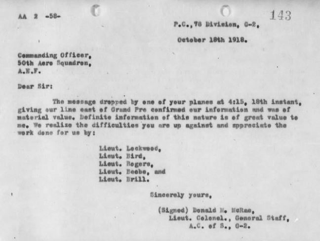 Part of a typewritten page, showing a letter or memo written to the C.O. of the 50th Aero Squadron by Donald M. McRae, commending the work of, among others. Lieut. Bird.