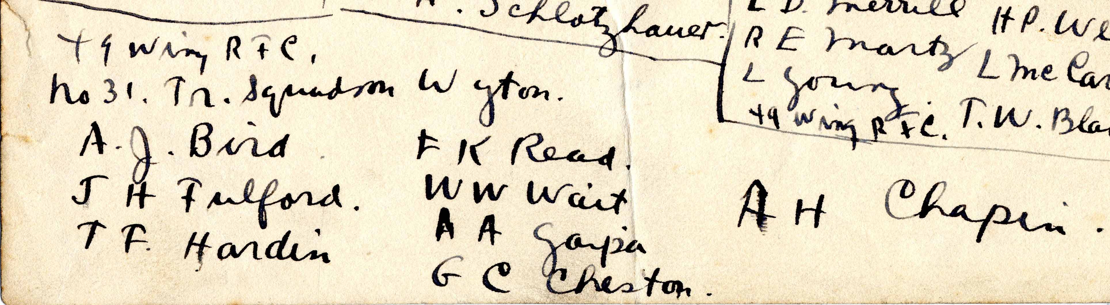 Bottom portion of a page; handwritten in ink is the heading "49 Wing R.F.C. No. 31 Tr. Squadron Wyton." under the heading are the names: A. J. [sic] Bird, J. H. Fulford, T. F. Hardin, F. K. Read, W. W. Wait, A. A. Gaipa, G. C. Cheston, A. H. Chapin.