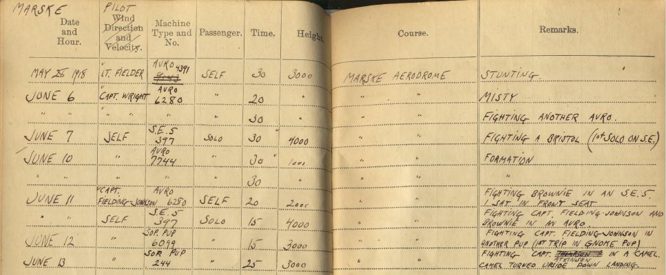 Entries in Curtis's Pilot's Flying Log Book for May 25--June 13, 1918.