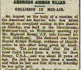 Newspaper clipping, partial, with the title "American Airman Killed Collision in mid-Air."