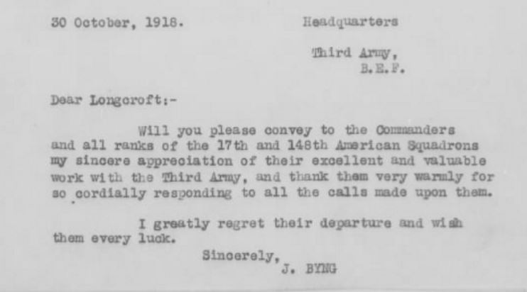 Brief typed letter from Byng to Longcroft asking that he thank the 17th and 148th for their work with the Third Army.