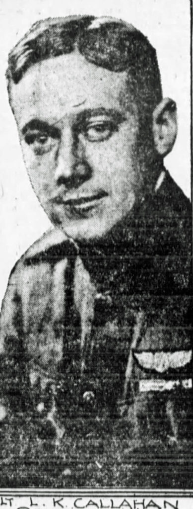 A newspaper photo of Callahan, face and bust; pilot's wings are visible above his left pocket.