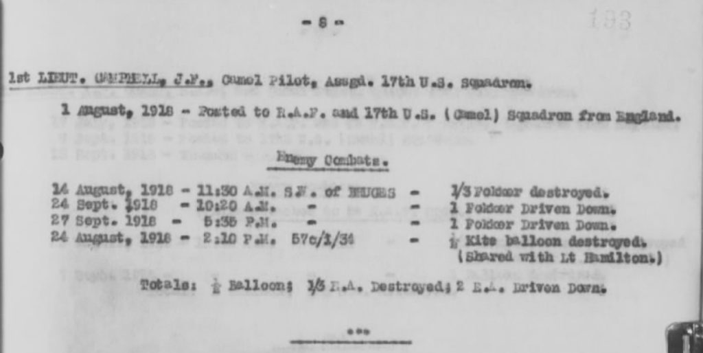 A portion of a typed page that lists Campbell enemy combats, with total of "1/2 Balloon; 1/3 E.A. Destroyed; 2 E.A. Driven Down."