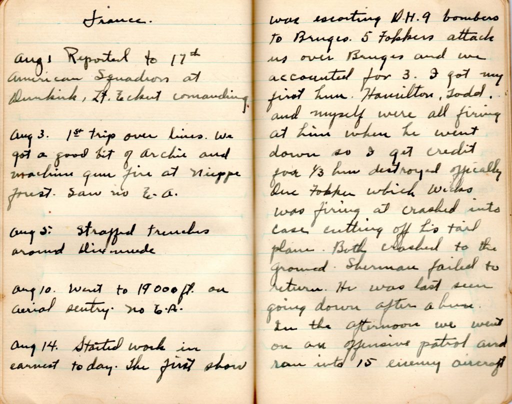 Two pages from Campbell's diary, opening with the heading "France," and with entries for August 1, 3, 5, 10, and 14, 1918. The last includes an account of Campbell's first combat involvement on August 14, 1918.