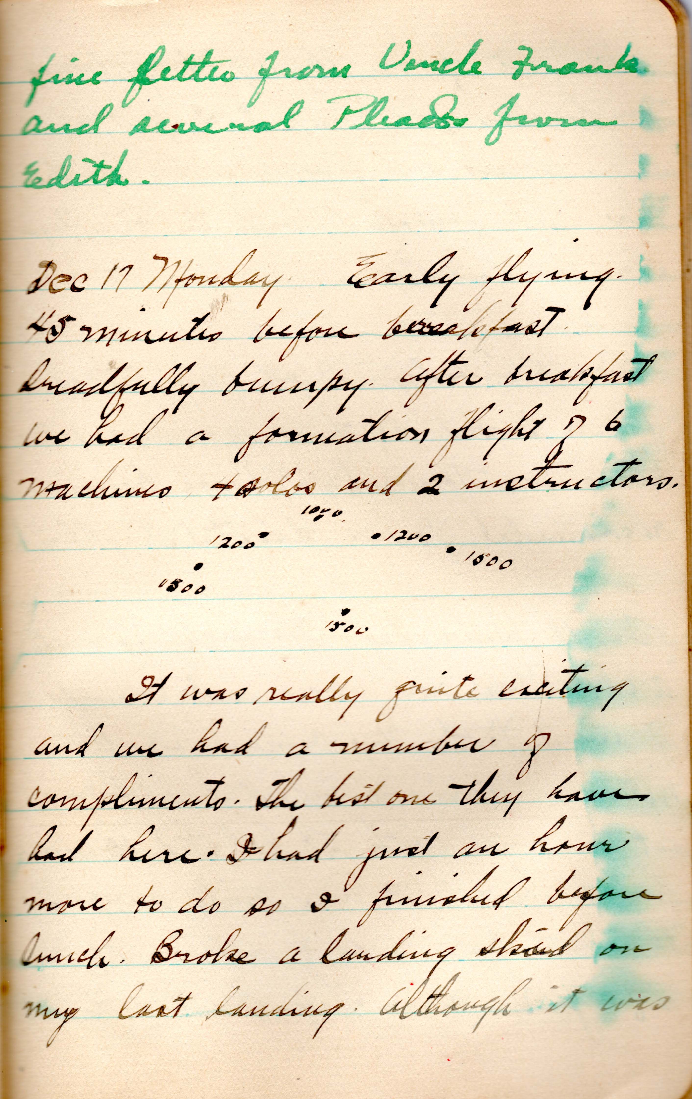 Page from a manuscript diary, showing the end of one entry and most of an entry for December 17, 1917. It includes a drawing of a flight formation.