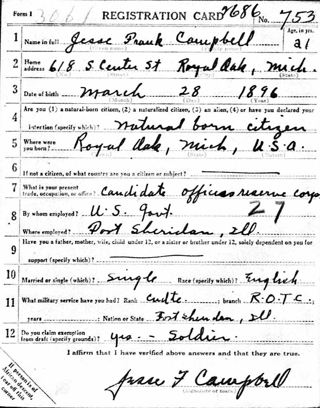 The front of Campbell's draft registration card.