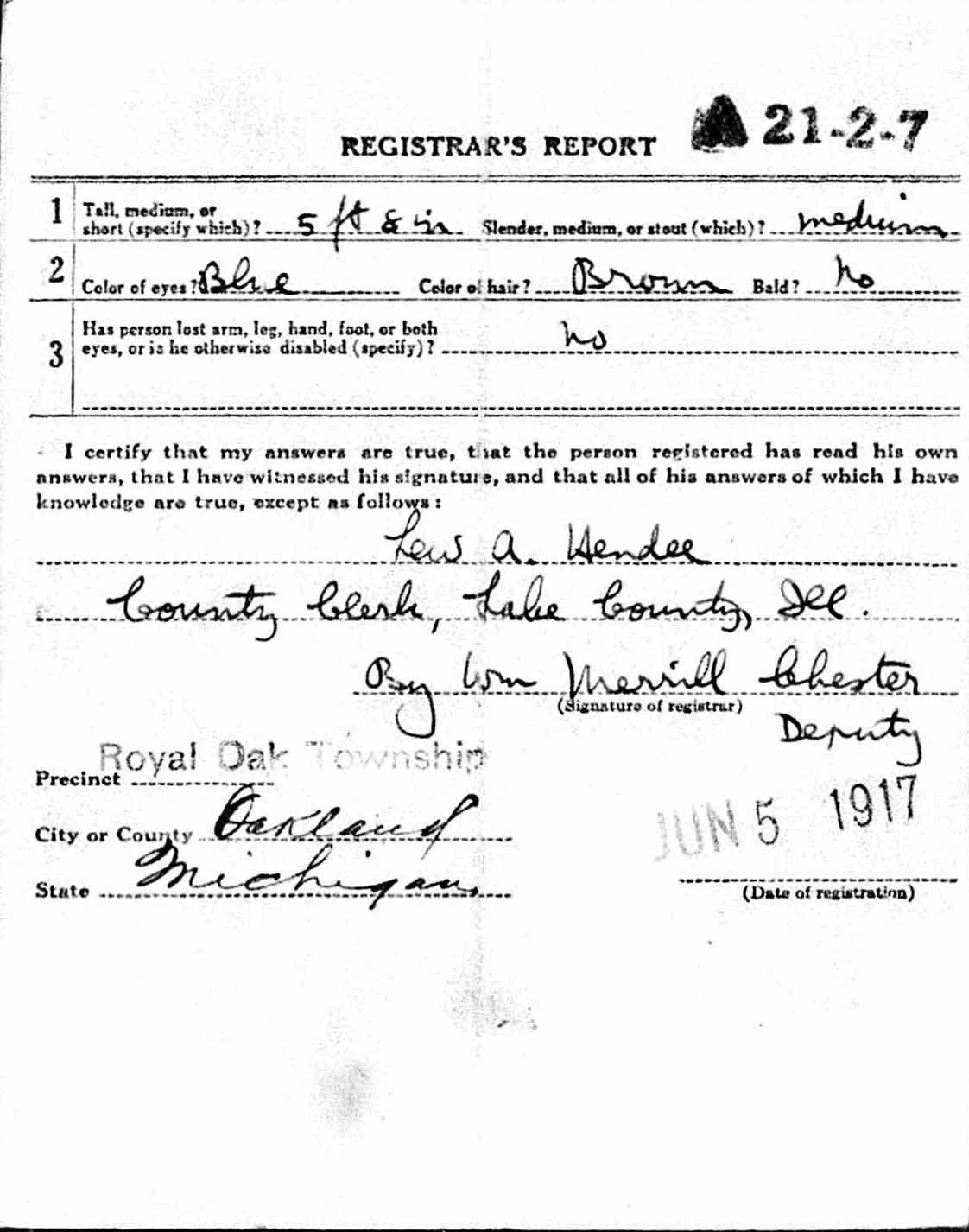 The back of Campbell's draft registration card.