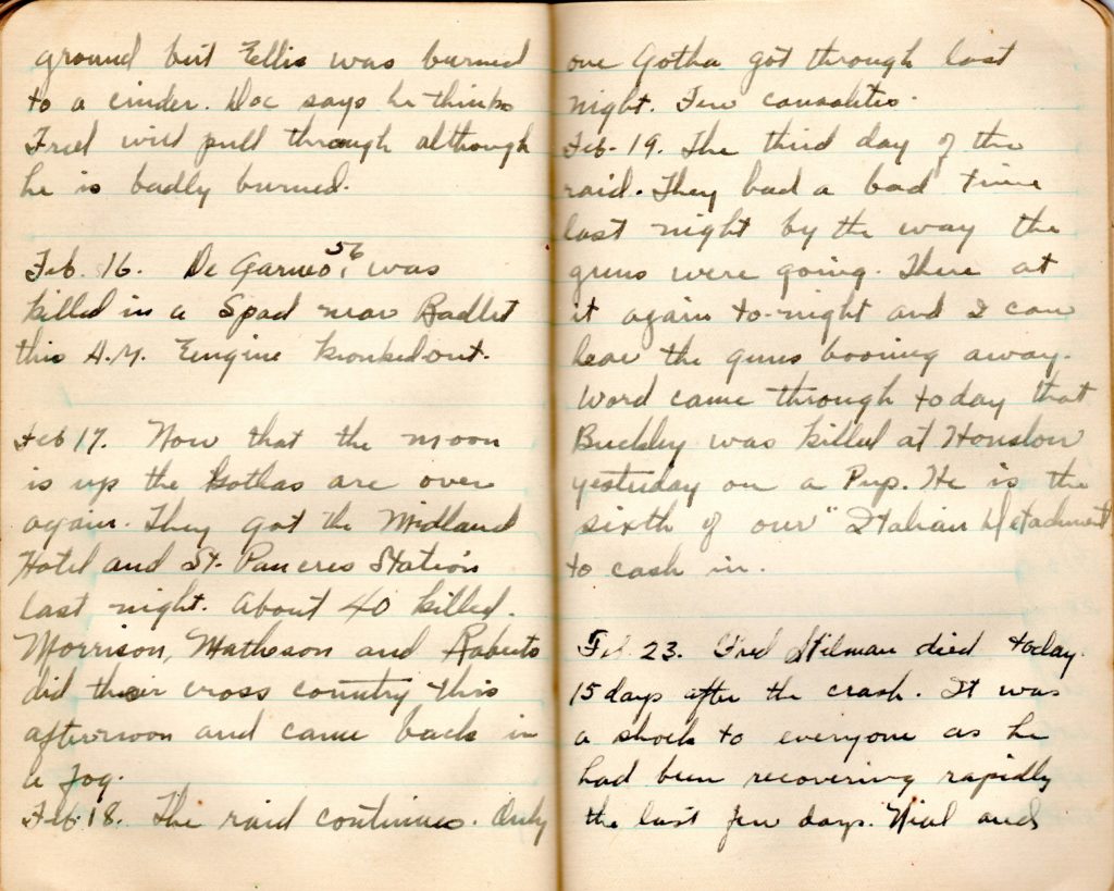 Two pages from Campbell's diary, with the end of an entry about the collision between Stillman and Ellis, and entries from February 16, 17, 18, 19, and 23, 1918, mainly recounting training casualties and German raids on London.