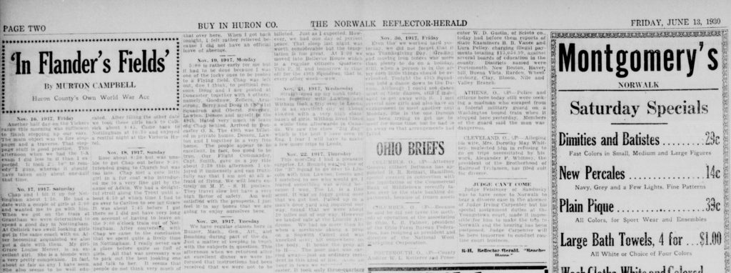 Part of a newspaper page, from the Norwalk Reflector-Herald, with a heading "In Flander's Fields" and including entries from Campbell's diary.