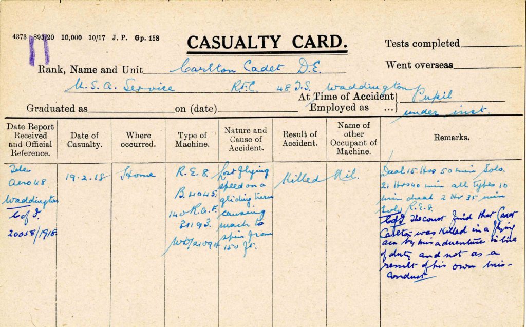 A form labeled "Casualty Card" printed on a note card with handwritten information about Carlton's crash on it.