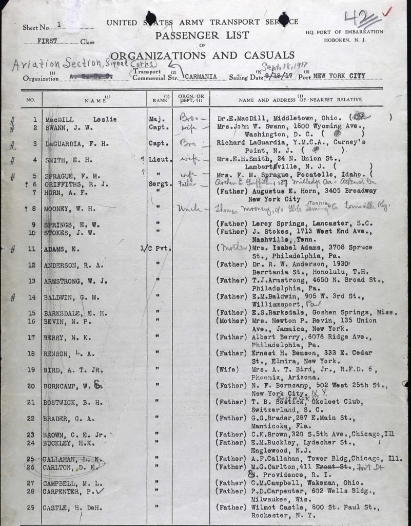 A list of 29 passenger names, with a column for designation of rank and a column for name and address of next of kin.