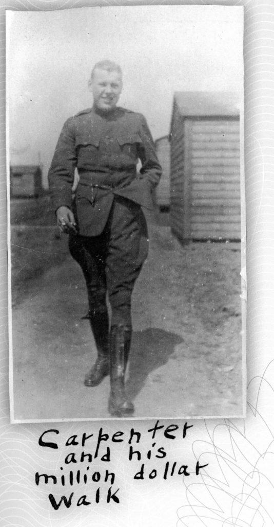 A hatless man in a uniform devoid of insignia striding towards the camera, captioned "Carpenter and his million dollar walk."