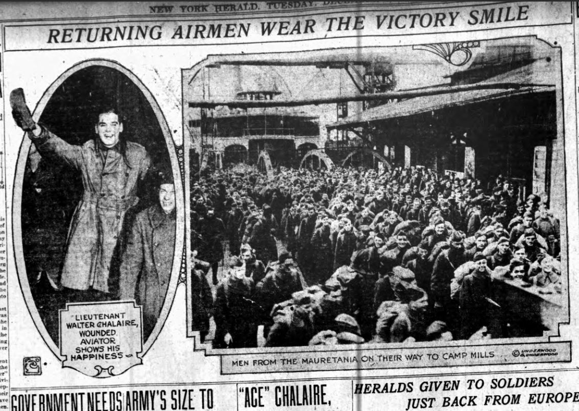 Clipping from New York Herald showing on the left a jubilant Walter Chalaire and on the right a crowd of arriving soldiers.