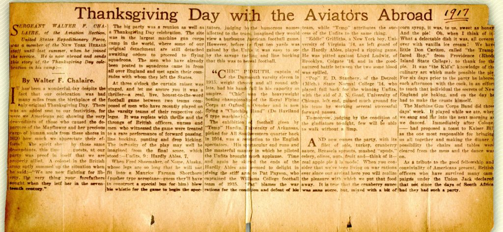 A newspaper clipping of an article by Walter F. Chalaire titled "Thanksgiving Day with the Aviators Abroad." Someone has handwritten in the date 1917.