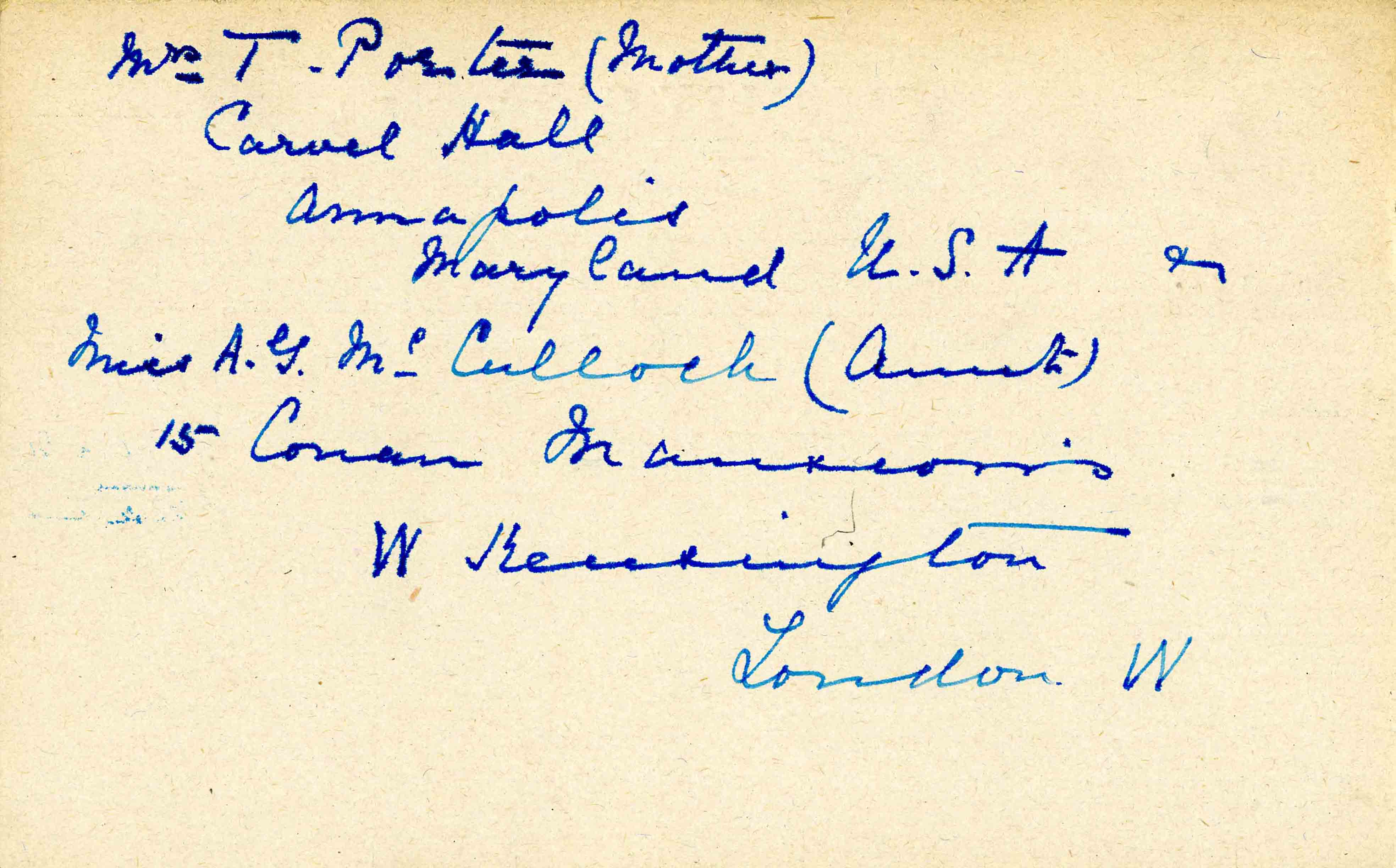 A card with names and addresses of Cheston's mother and aunt written in in blue ink.