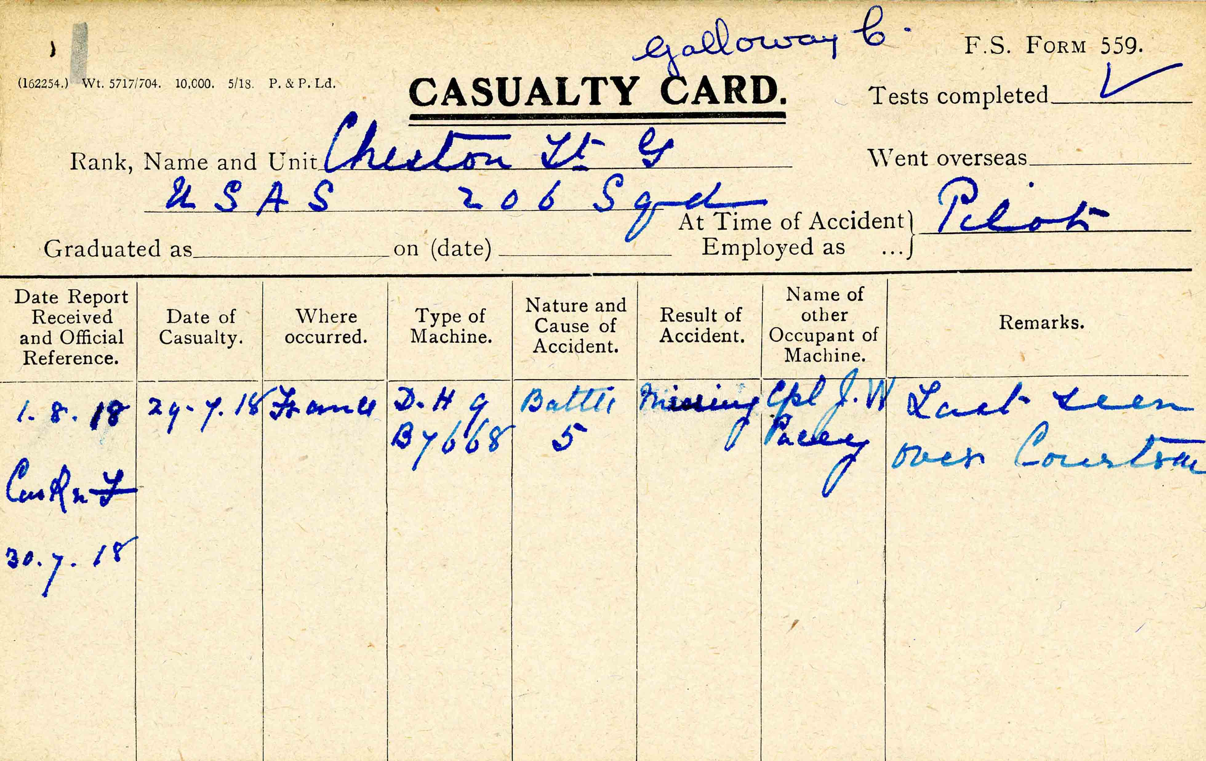 A printed card with information about Cheston's disappearance on July 29, 1918, filled in in blue ink.