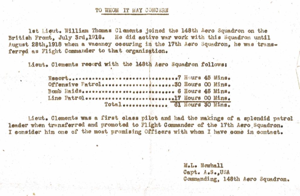 A typed note "To whom it may concern" from Newhall, the C.O. of the 148th, about Clements as he leaves for the 17th, with a tally of his hours flying with the 148th and the remark that "I consider him one of the most promising Officers with whom I have come into contact."