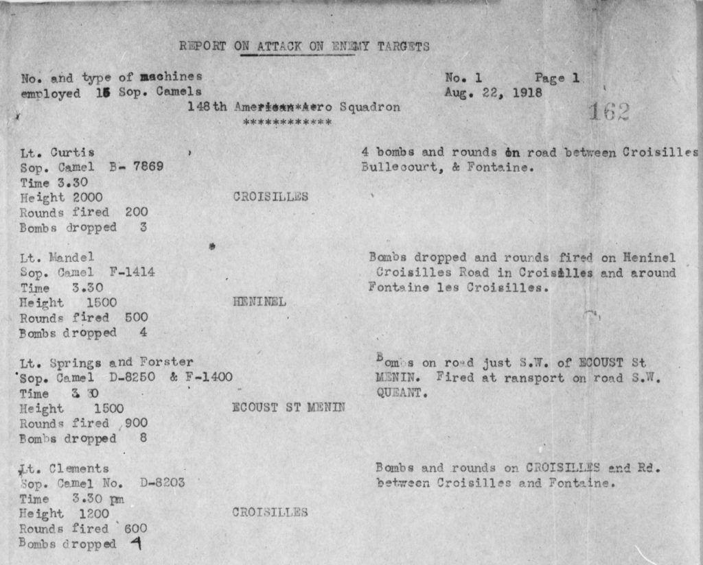 A typed document titled "Report on Attack on Enemy Targets" listing by pilot the attacks.