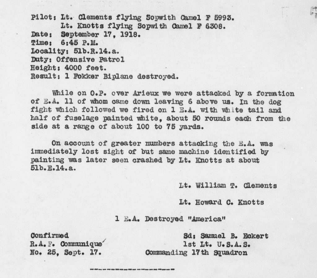 Typed combat report documenting Clements's shooting down of a Fokker on September 17, 1918.