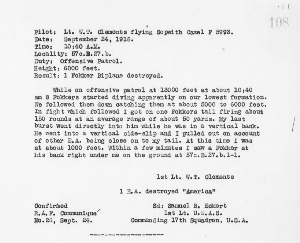 Typed combat report documenting Clements's shooting down of a Fokker on September 24, 1918.