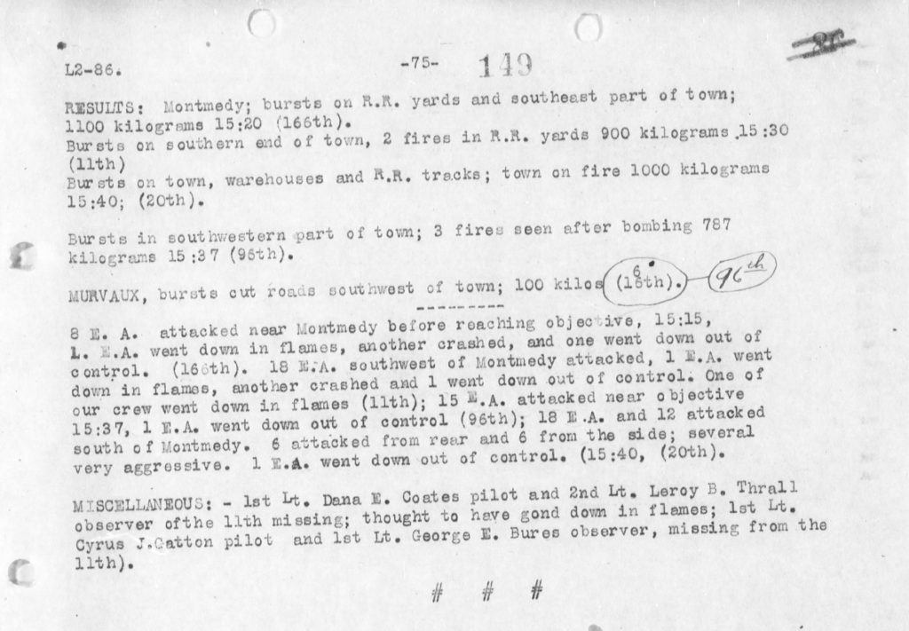 A typed page summarizing the results of the November 4, 1918, raid on Montmedy, with, under "Miscellaneous," the information that Coates and Thrall are missing.