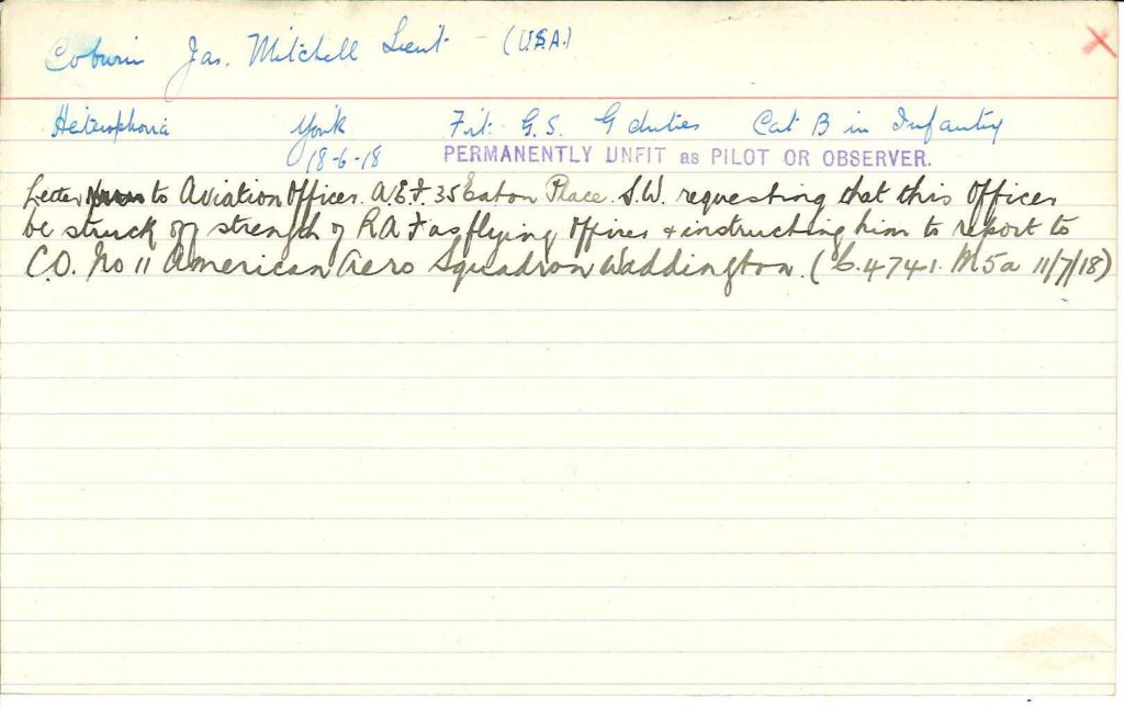 A note card with notes in blue and black ink regarding Coburn. His diagnosis of "heterophoria" is noted, along with a stamped notation "Permanently unfit as pilot or observer."