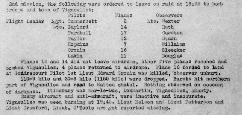 Part of a typed page describing what happened on Cronin's mission on September 12, 1918. Seven teams of pilot and observer are listed, with the note that two planes did not leave the airdrome. It is noted that Cronin's plane (No. 16) was forced to land and he was killed. The number of bombs dropped and an account of enemy aircraft and anti-aircraft ("inactive and inaccurate") are also noted. Three men are reported missing.