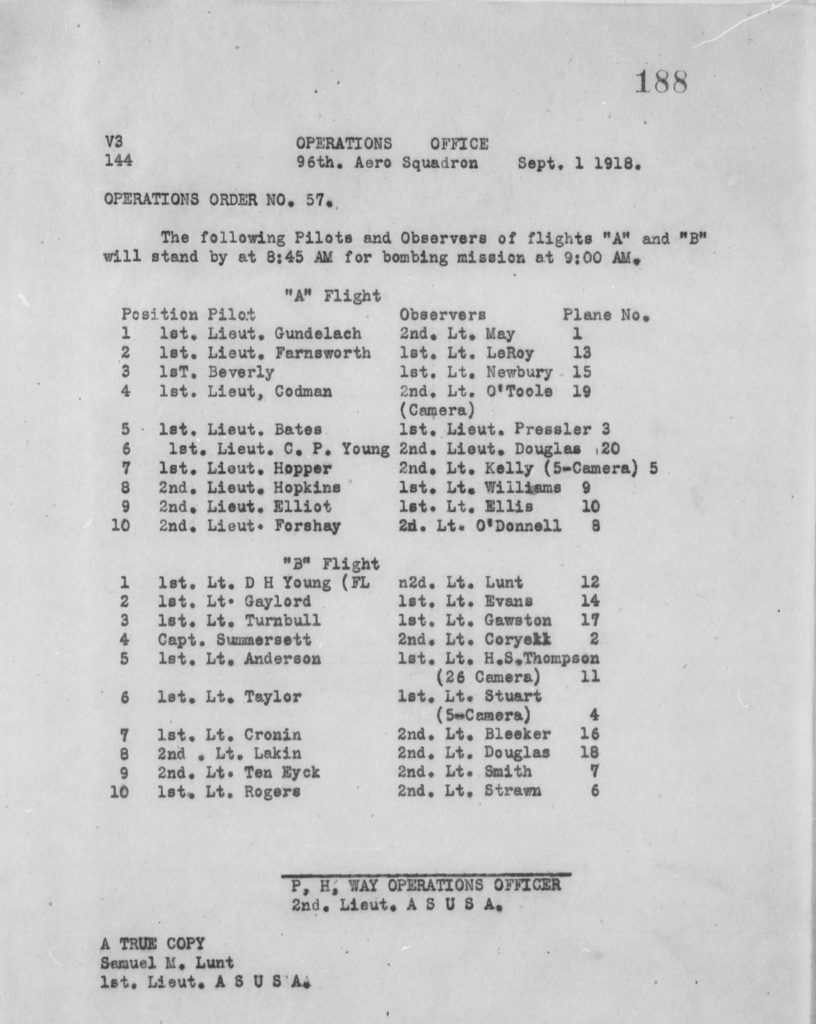 A neatly typed operations order, misdated September 1, 1918, for September 12, 1918, listing twenty teams of pilot and observer in two flights, who were to stand by at 8:45 for a planned bombing mission to commence fifteen minutes later.