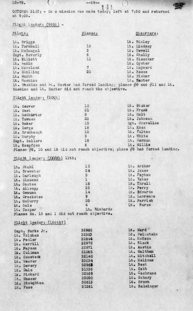 A typed page listing the teams of pilots from each squadron (96th, 20th, 11th, 166th) for the mission of October 31, 1918; each squadron provided between 10 and 14 teams.