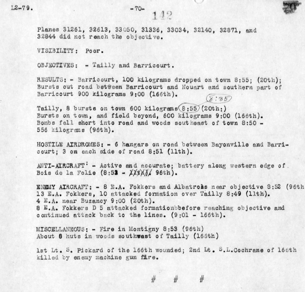 A typed page with information regarding the bombing mission on October 31, 1918; there are entries for "Visibility," "Objectives" (French towns), "Results," etc.