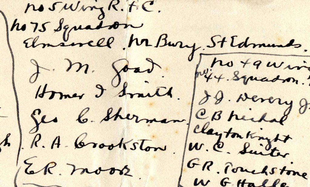 A portion of a page with names in black ink; under the heading "No. 75 squadron" appear the names J. M. Goad, Homer I. Smith, Geo. C. Sherman, R. A. Crookston, and E. R. Moore.