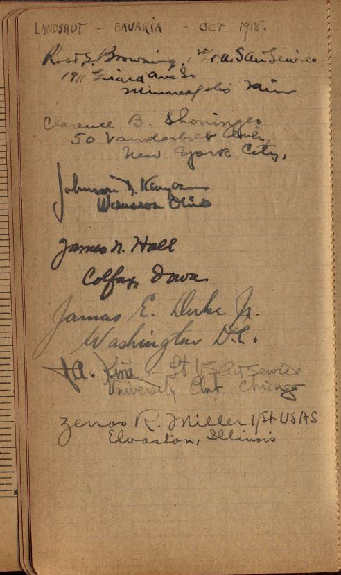 A page headed "Landshut Bavaria Oct 1918" with names and addresses in various hands.