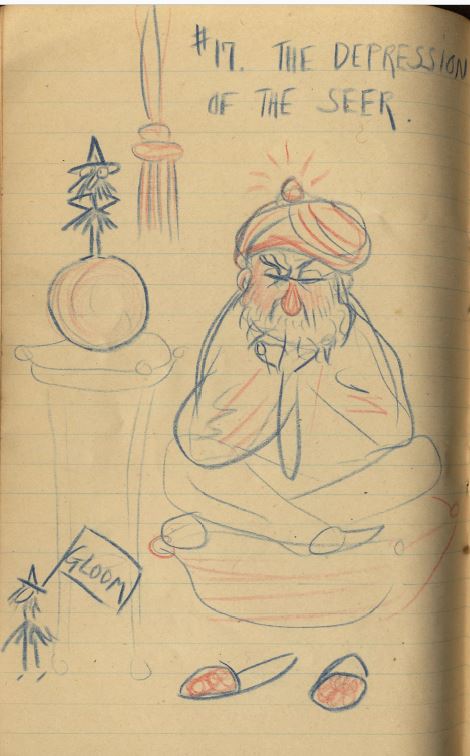 A sketch in blue and red pencil of a turbaned man sitting with crossed legs and arms and tight-shut eyes; a small figure with a pennant saying "Gloom" is at his feet. The drawing is labeled "No. 17. The depression of the seer."