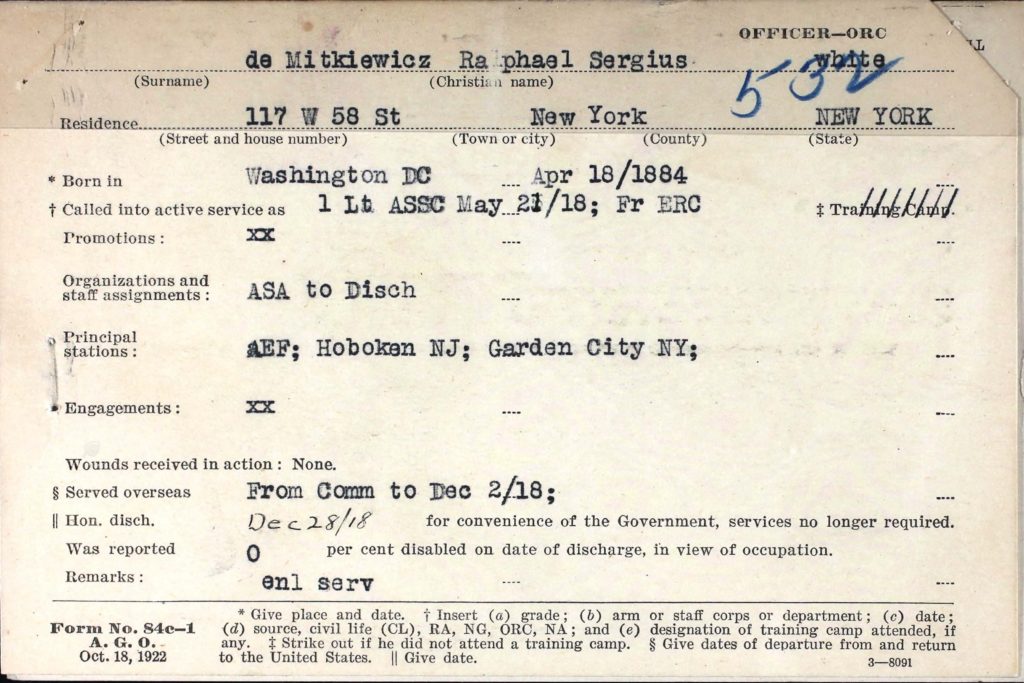 A printed form with information about De Mitkiewicz's military service typed in.