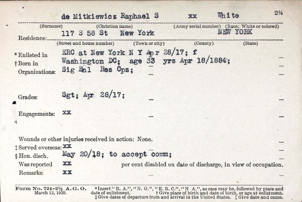 A printed form with information about De Mitkiewicz's military service typed in.