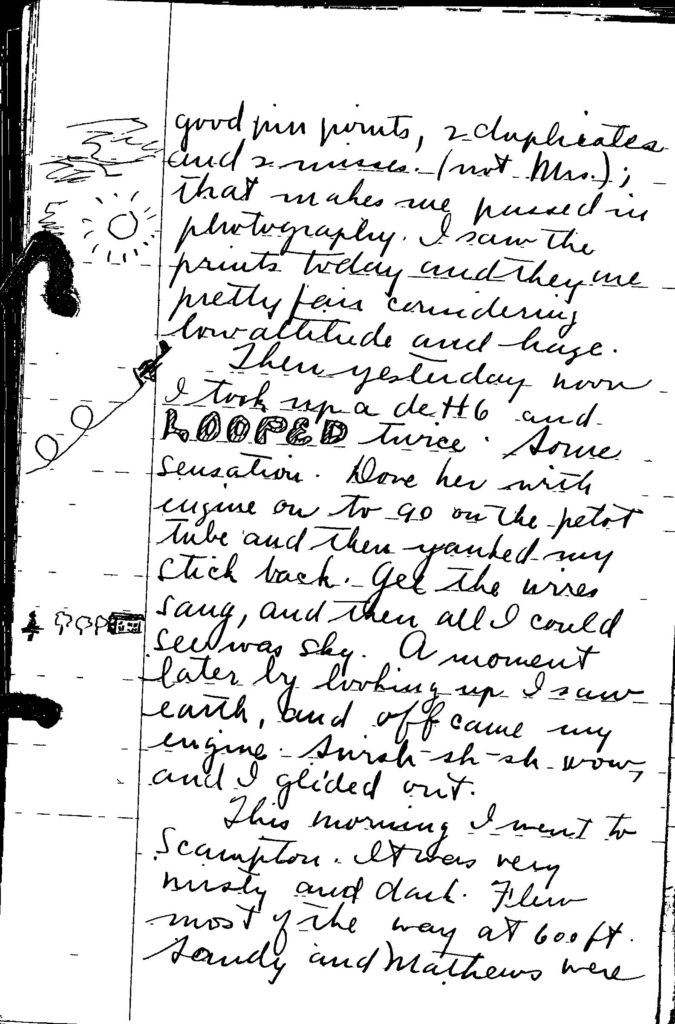 A page from a handwritten diary with sketch in margin. The word "looped" stands out in the sentence "I took up a deH6 and looped twice."