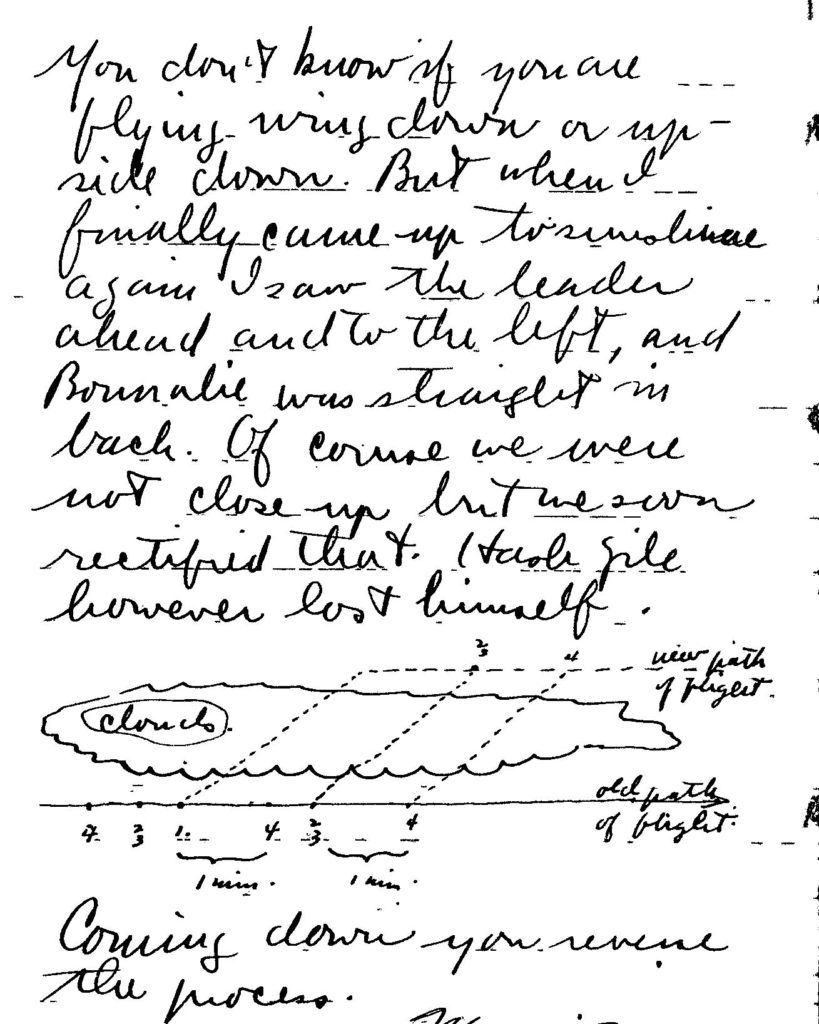 Page from Deetjen's diary with a sketch of planes flying in formation through a cloud.