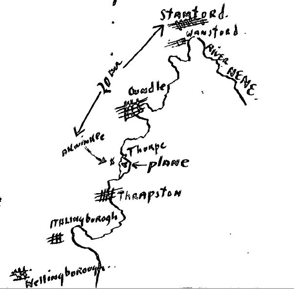 Deetjen's rough map showing Stamford and Aldwincle and where he made his forced landing.