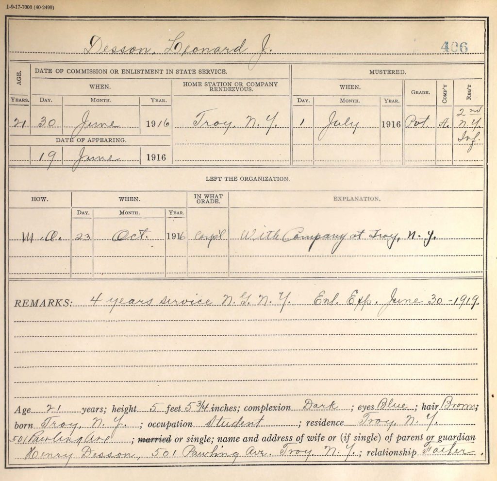 A printed military form with information about Desson's service with the National Guard filled in by hand.