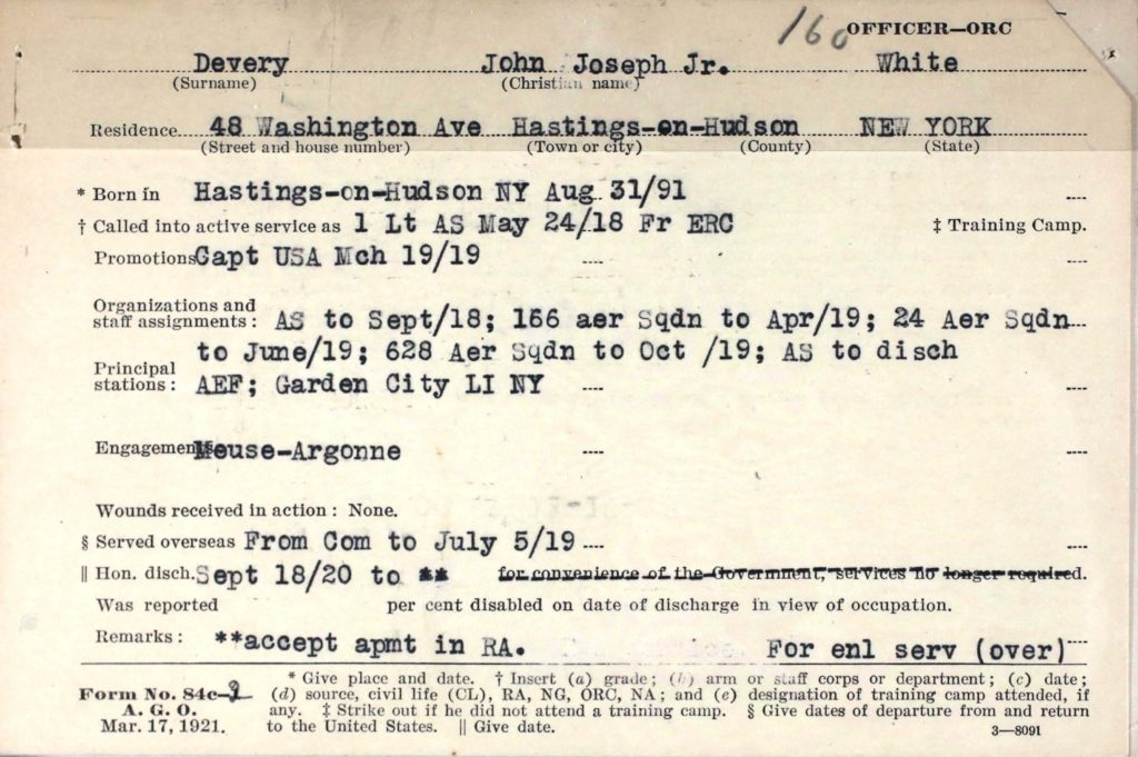 A printed card with information about Devery's service typed in.
