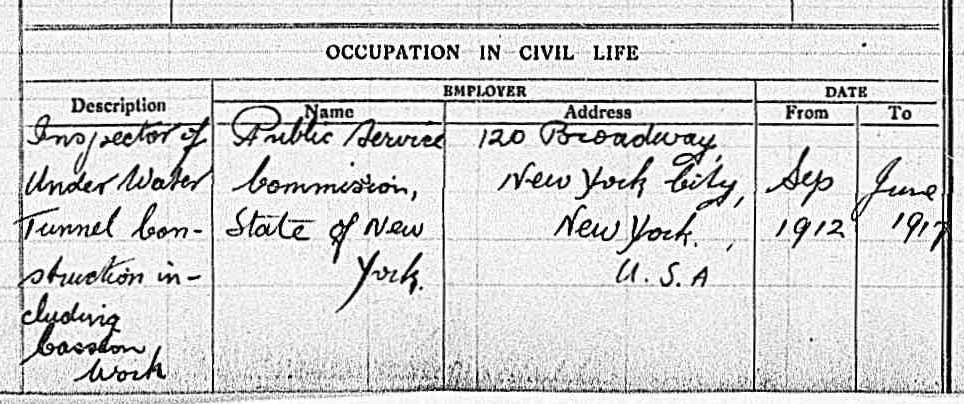 Part of a printed form with information about Devery's occupation in civil life handwritten in.